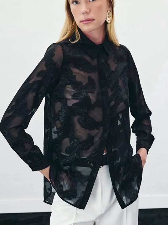 Zara Tops - Zara Sheer Black Burnout Lace Oversized  Button-Down Blouse Size S